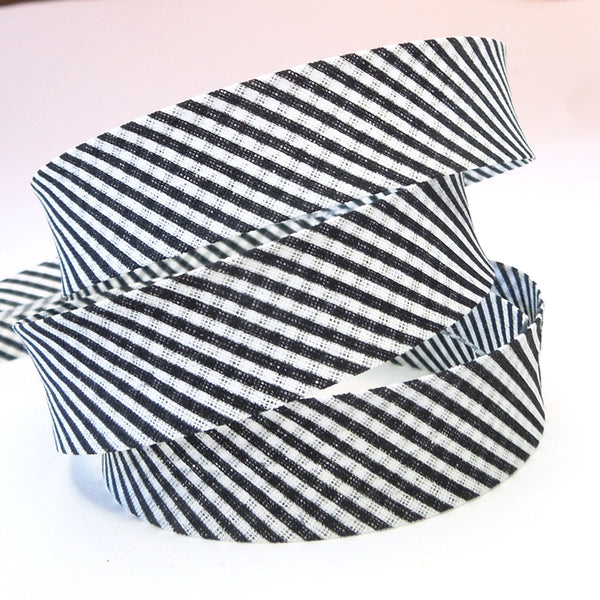 20mm Cotton Bias Binding - Striped - Black - Single Fold