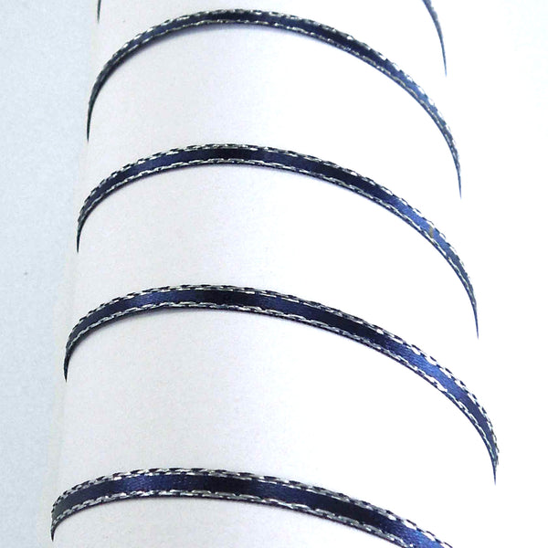 Silver Metallic Edge Satin Ribbon - Navy Blue - Berisfords - 7mm