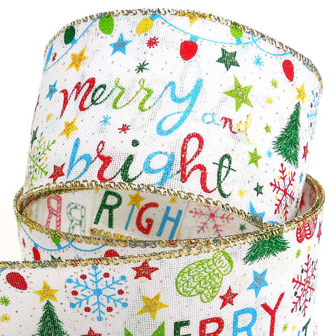 63mm Merry and Bright Xmas Glitter - Wired Ribbon