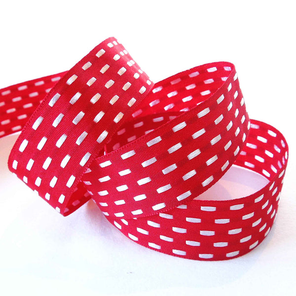 25mm Parallel Stitch Ribbon - Scarlet and Bianco - Berisfords