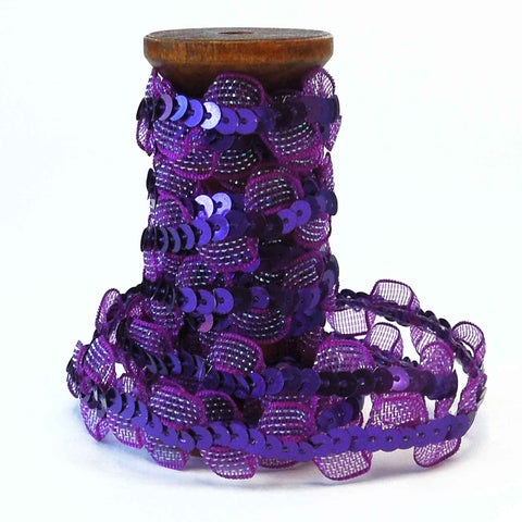 15mm Sequins and Organza Trim - Purple - Wooden Spool - 2 Metres