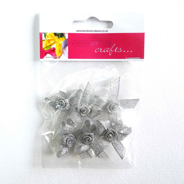 Ribbon Bow with Rose - Silver - Berisfords - per pack of 6