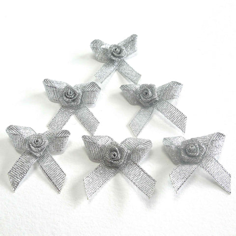 Ribbon Bow with Rose - Silver - Berisfords - per pack of 6