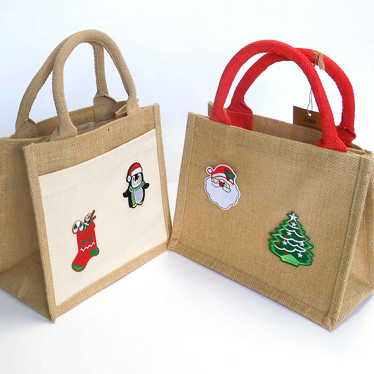 Natural Jute Bag and Christmas Motifs - Red Padded Handles – Fabric and ...