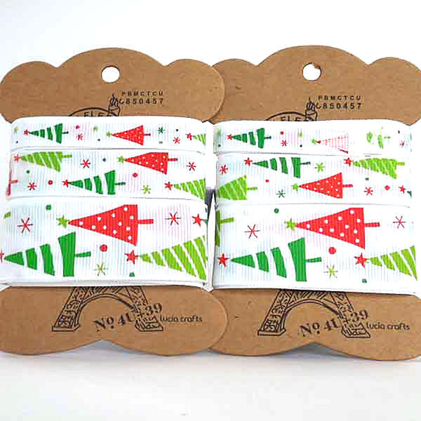 Red and Green Christmas Tree White Ribbon - Grosgrain - 10mm - 16mm - 25mm