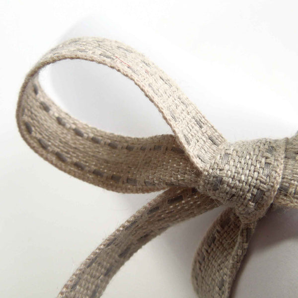 Top Stitched Linen Ribbon Grey and Natural La Stephanoise - 10mm