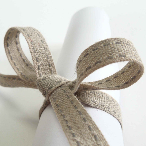 Top Stitched Linen Ribbon Grey and Natural La Stephanoise - 10mm