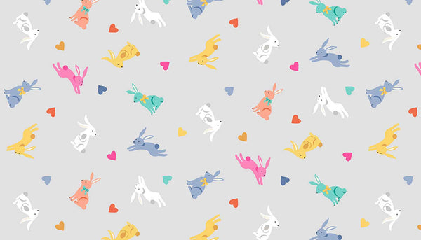 Coloured Rabbits on Silver Cotton Fabric by Makower 2189/S, Spring Collection