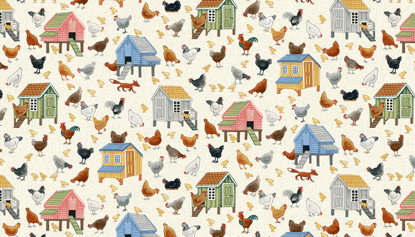 Chickens Cotton Fabric by Makower 2294/1, Village Life Collection