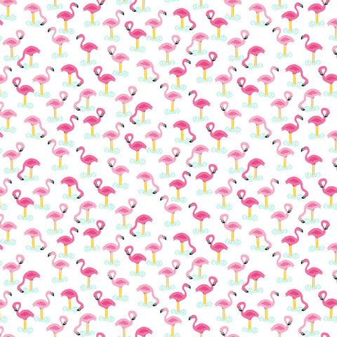Flamingos Cotton Fabric White Makower 2440/W - Pool Party Collection