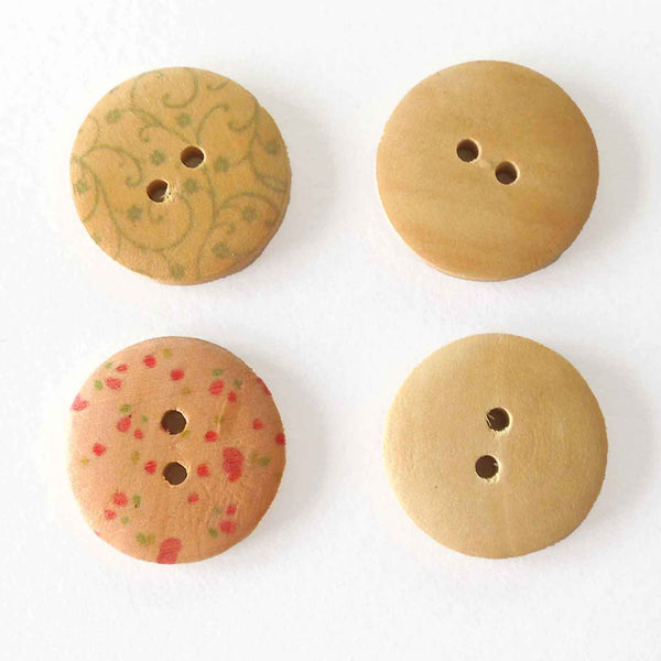 25mm Wooden Craft Buttons - Pink and Green Floral - Pack of 8
