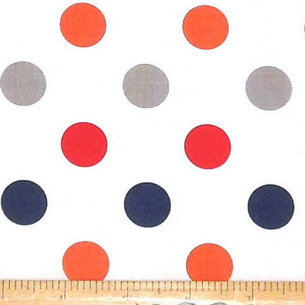 Riley Blake Dot Fabric, Red, Blue, Orange and Grey Polka Dots on White Cotton Fabric