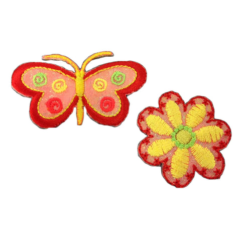 Yellow Flower Red Butterfly Motifs Set x 2 Iron or Sew On - S&W M043