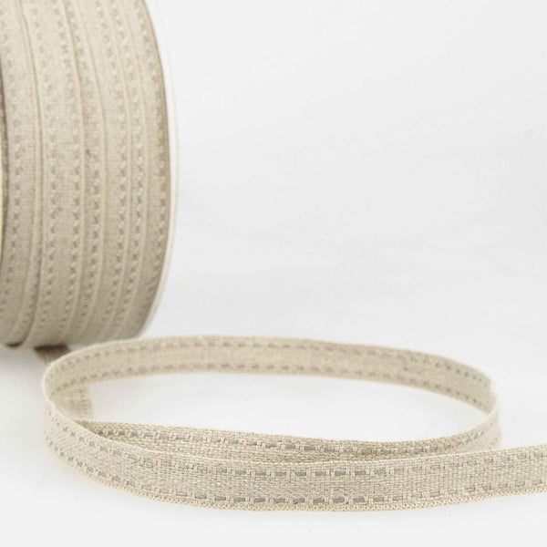 Top Stitched Linen Ribbon - Grey and Natural - La Stephanoise - 10mm