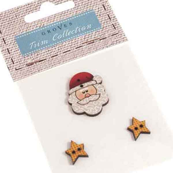 25mm Xmas Santa with Stars Fabric Covered Wooden Buttons - Pack of 3