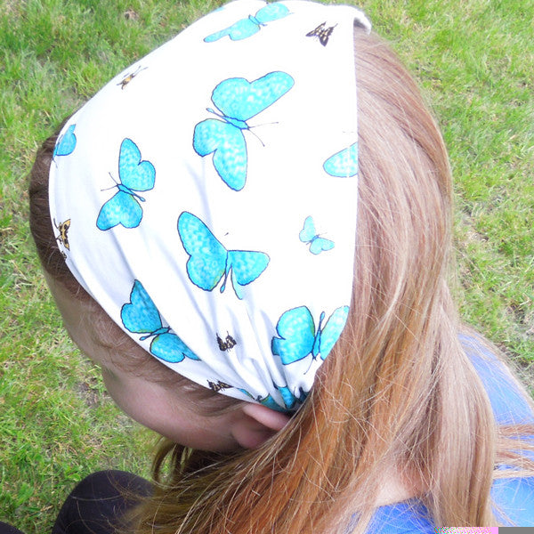 White Blue Butterfly Scrunchie, Hairband and Bandana in Organza Gift Bag