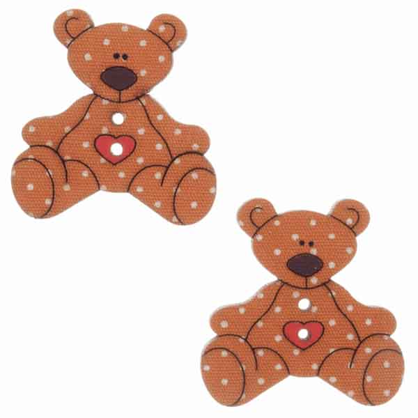 30 mm Brown Baby Wooden Buttons, Pack of 2 Love Heart Teddy Bear Craft Buttons