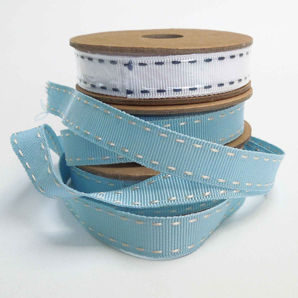 15mm Stitched Grosgrain Ribbon White and Navy Blue - Berisfords