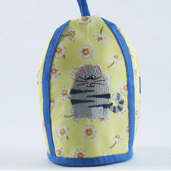 Yellow Spring Egg Cosy plus Linen Drawstring Gift Bag, Embroidered Cat Design, Handmade in Pure Cotton