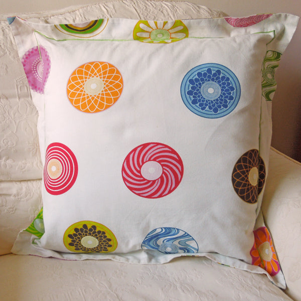 Bright Circles Cushion, Handmade in a Multicoloured Cotton Circle Print with Satin Stitch embroidery, inch 21 inch, x 53 cm