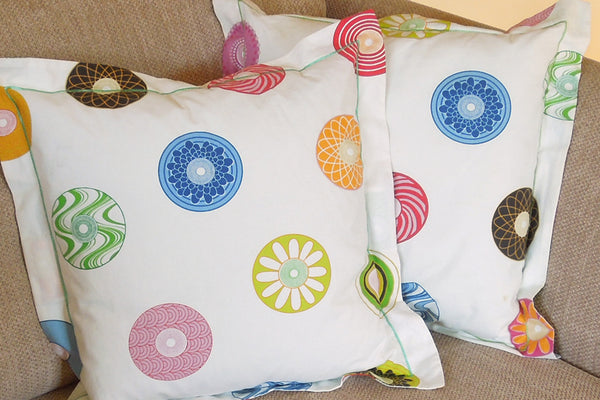 Bright Circles Cushion, Handmade in a Multicoloured Cotton Circle Print with Satin Stitch embroidery, inch 21 inch, x 53 cm