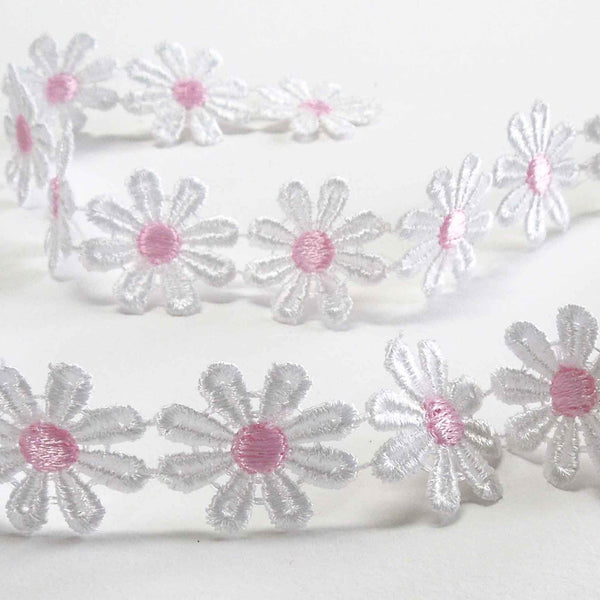 24mm White Daisy Lace Guipure - Pink Centre