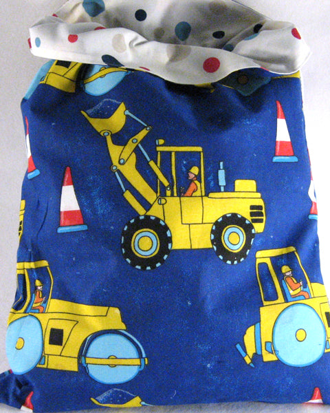 Child's Blue Diggers Personalised Toy Sack Handmade in Pure Cotton and Fully Lined