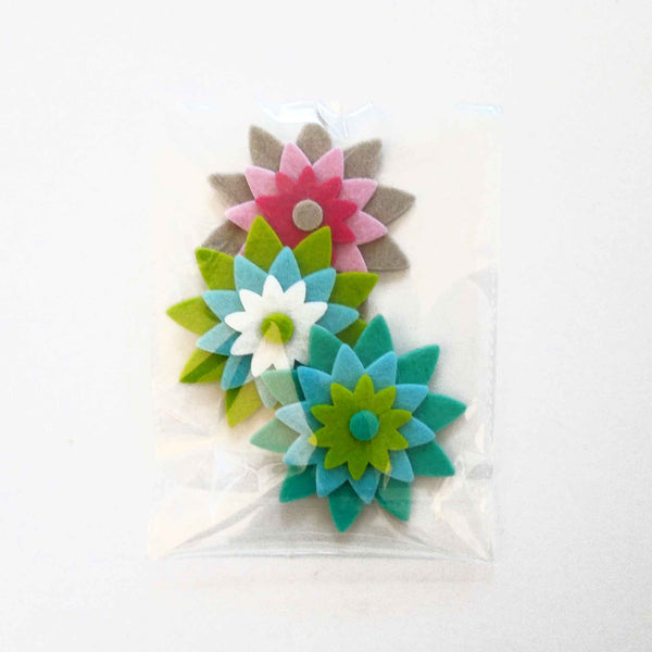Large Felt Flowers Blue, Green and Pink Stick-On - Sew-On