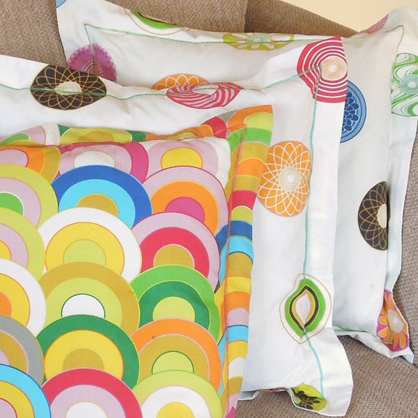 Cushion, Handmade in a Bright Cotton Rainbow Print with Satin Stitch embroidery, inch 21 inch, x 53 cm