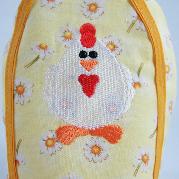 Yellow Spring Egg Cosy plus Linen Drawstring Gift Bag, Embroidered Chick Design, Handmade in Pure Cotton