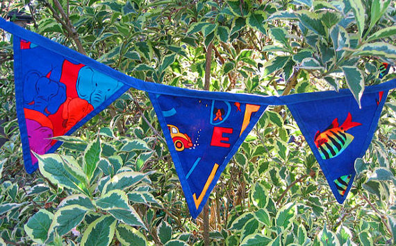 Children's Reversible Bunting, Blue Alphabet, Elephants and Dolphins Bunting Handmade in Pure Cotton