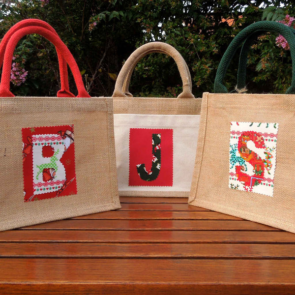 Christmas Jute Bag Personalised Design Your Own - Green Handles