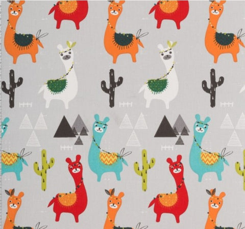 LLama Cactus Red, Orange and Blue Grey Background - Cotton Fabric