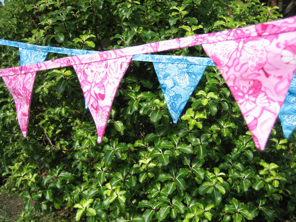 Butterfly Reversible Mini Pink or Turquoise Bunting, Handmade in Pure Cotton with Matching Organza Drawstring Bag