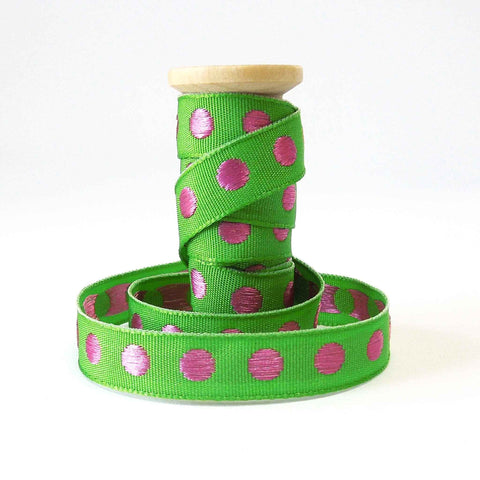 10mm Green and Bright Pink Polka Dot Ribbon on Wooden Bobbin - 2 Metres