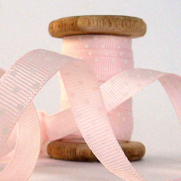 10 mm Pale Pink Polka Dot Ribbon on Wooden Bobbin - 3 metres
