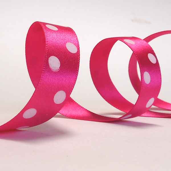 15 mm Shocking Pink and White Polka Dot Satin Ribbon