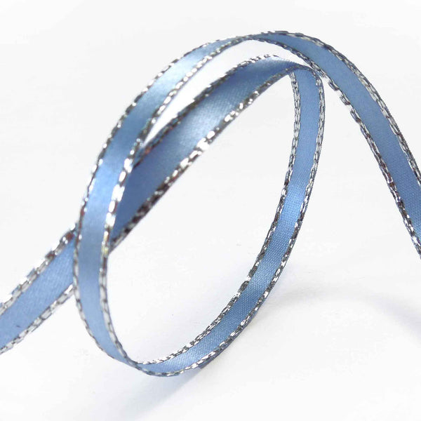 Silver Metallic Edge Satin Ribbon - Powder Blue - Berisfords - 7mm