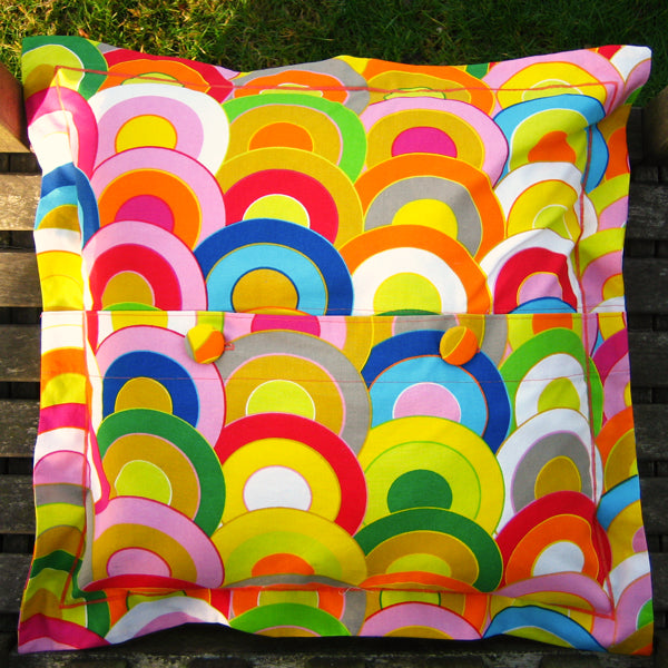 Cushion, Handmade in a Bright Cotton Rainbow Print with Satin Stitch embroidery, inch 21 inch, x 53 cm