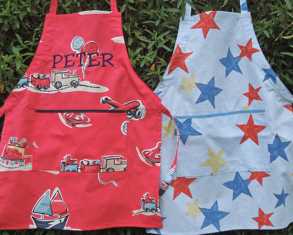 Young Child's Personalised Boys Toys Kids Red Retro Apron, Handmade in Train & Car Pure Cotton, Ages 2 - 6 yrs
