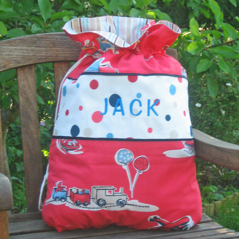 Red Boys Toys Personalised Reversible Toy Sack Handmade in Pure Cotton and Fully Lined