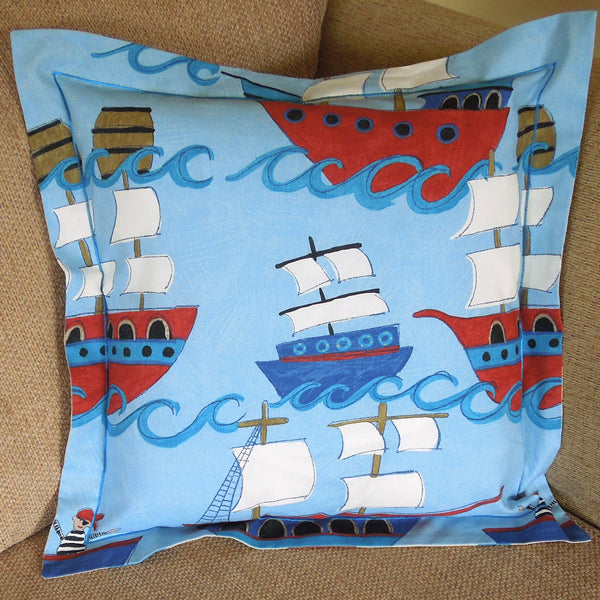 Child's Galleons Cushion Handmade in a Blue Pirate Ship Cotton, inch 21 inch, x 53 cm