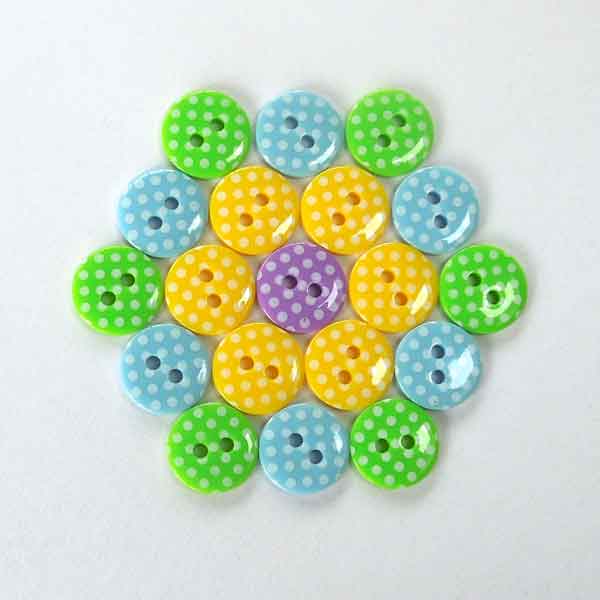 12 mm Bright Green Polka Dot 2 Hole Buttons, Pack of 10