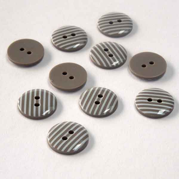 15 mm Taupe and White Stripe 2 Hole Buttons, Pack of 10