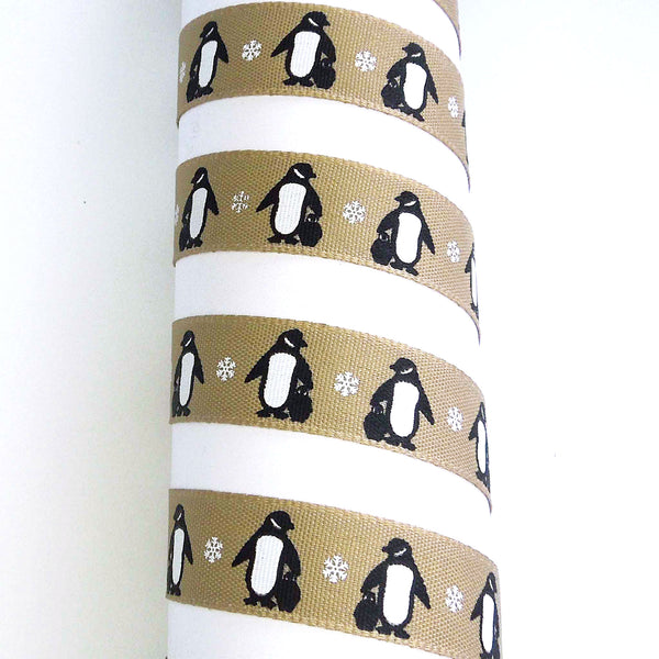 Christmas Penguins Ribbon - Oatmeal - Berisfords - 15mm - 25mm
