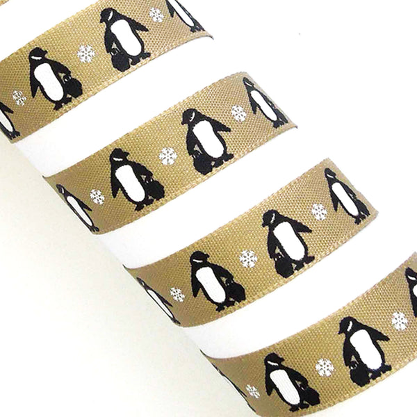 Christmas Penguins Ribbon - Oatmeal - Berisfords - 15mm - 25mm