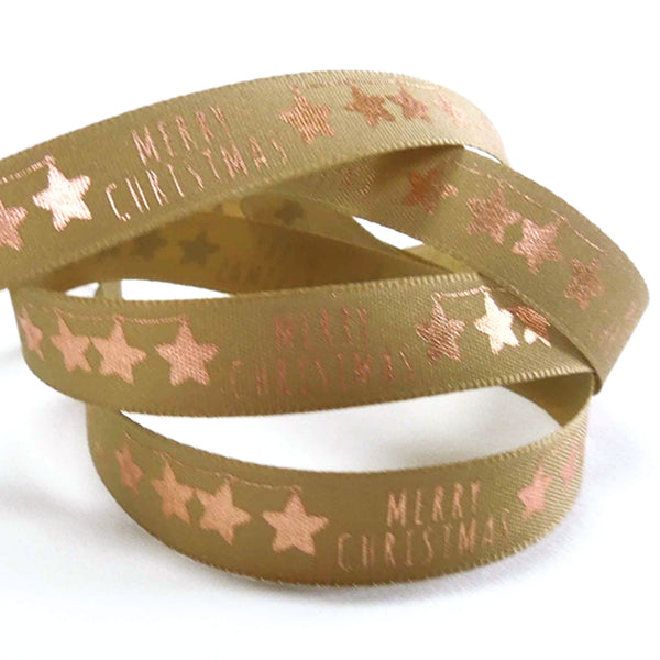 Xmas Merry Stars Ribbon - Rose Gold - Berisfords - 15mm - 25mm