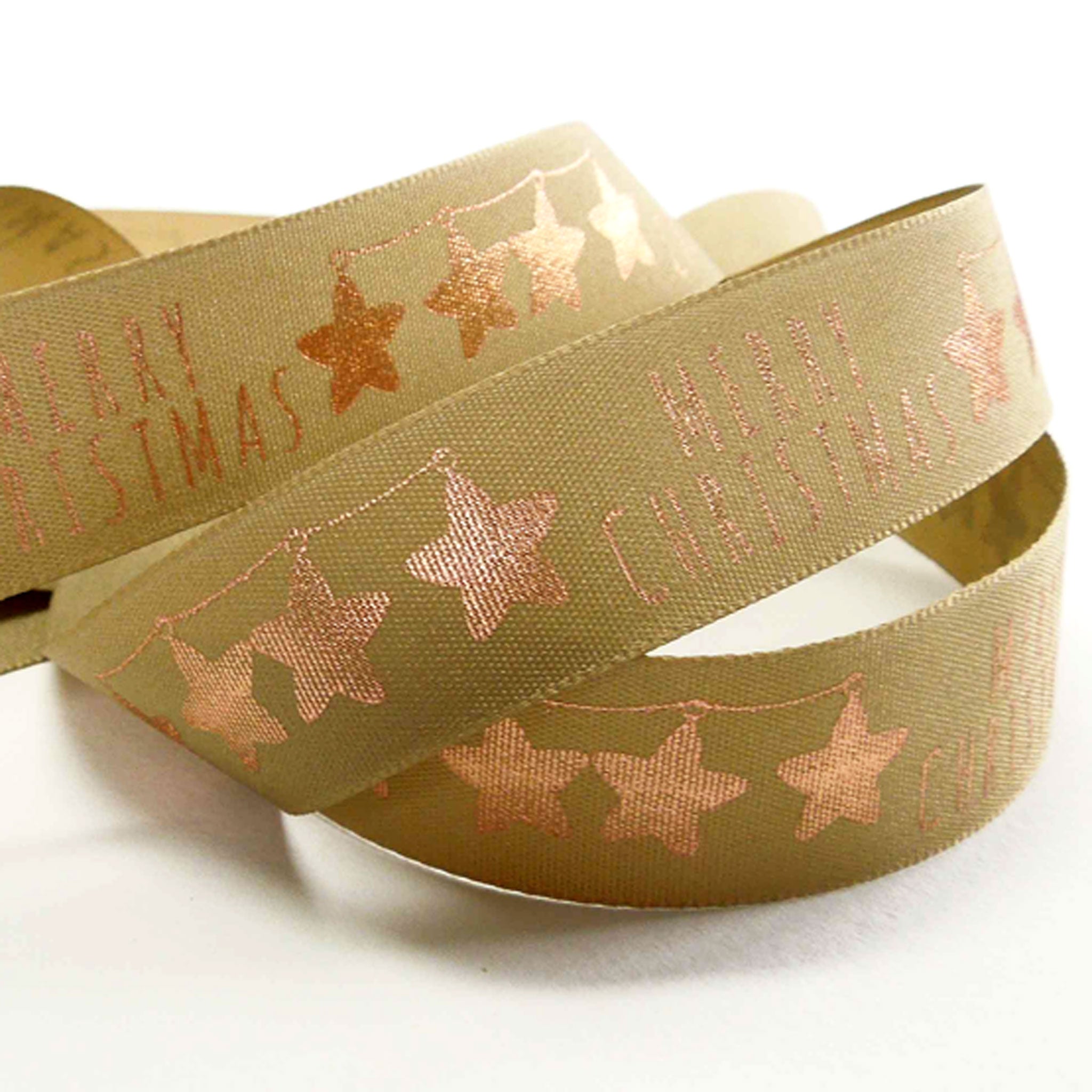 Xmas Merry Stars Ribbon - Rose Gold - Berisfords - 15mm - 25mm