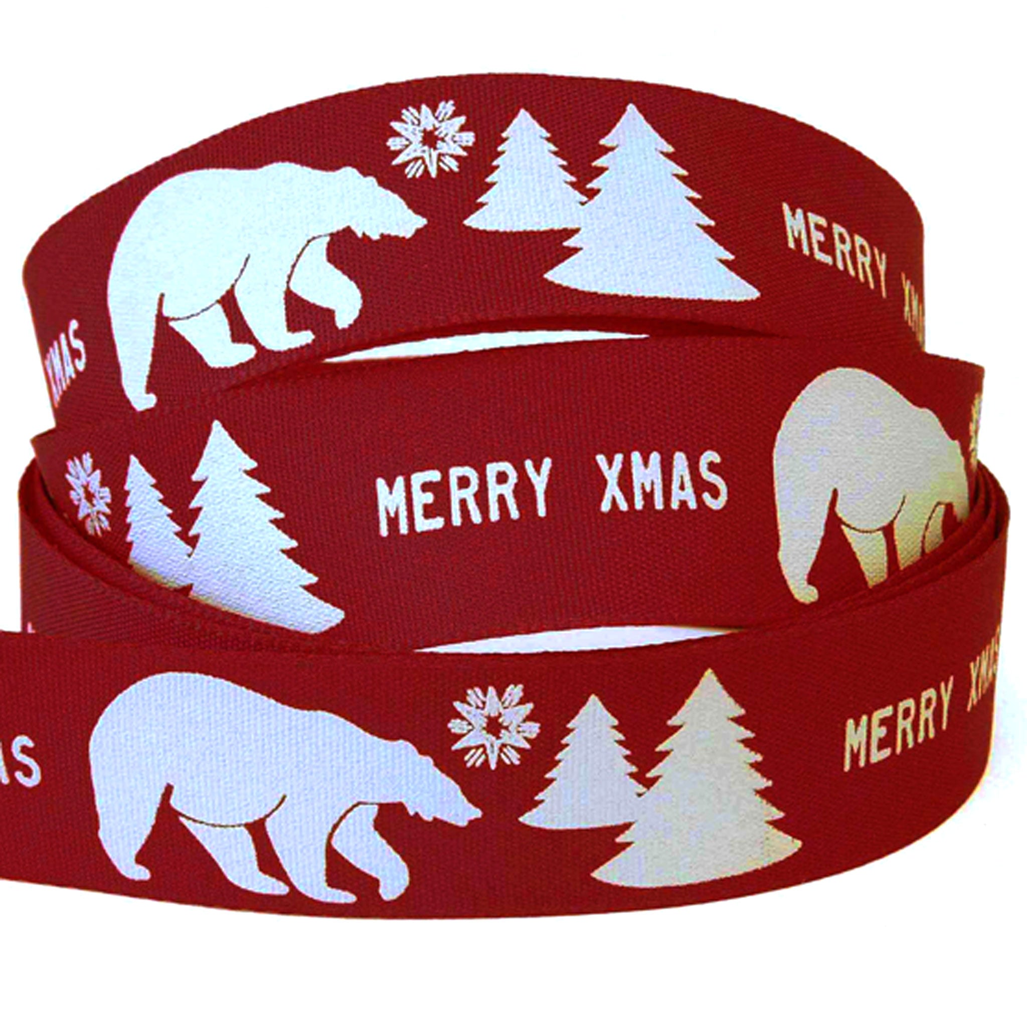 Merry Xmas Polar Bear Ribbon - Red - Berisfords - 25mm