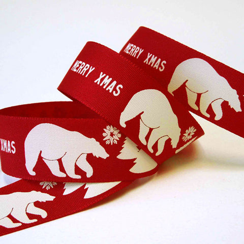 Merry Xmas Polar Bear Ribbon - Red - Berisfords - 25mm